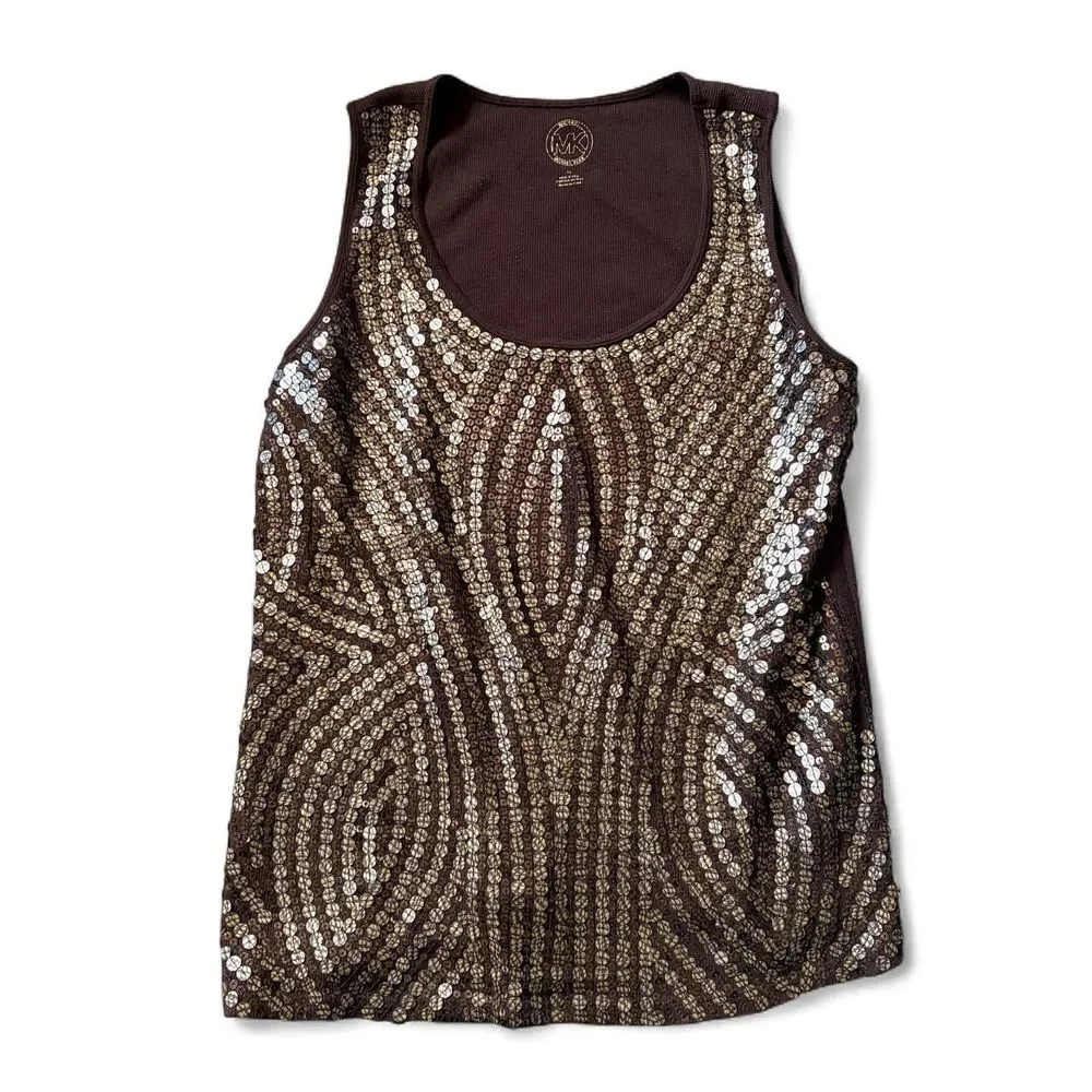 Michael Kors Brown Sequin Tank Top Sleeveless Y2K Ribbed Back Size 1X
